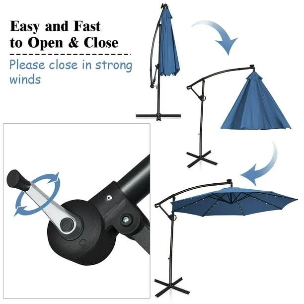 10 Feet Patio Offset Umbrella with 32 Solar-Powered LED Lights-Navy-1 box, unassembled