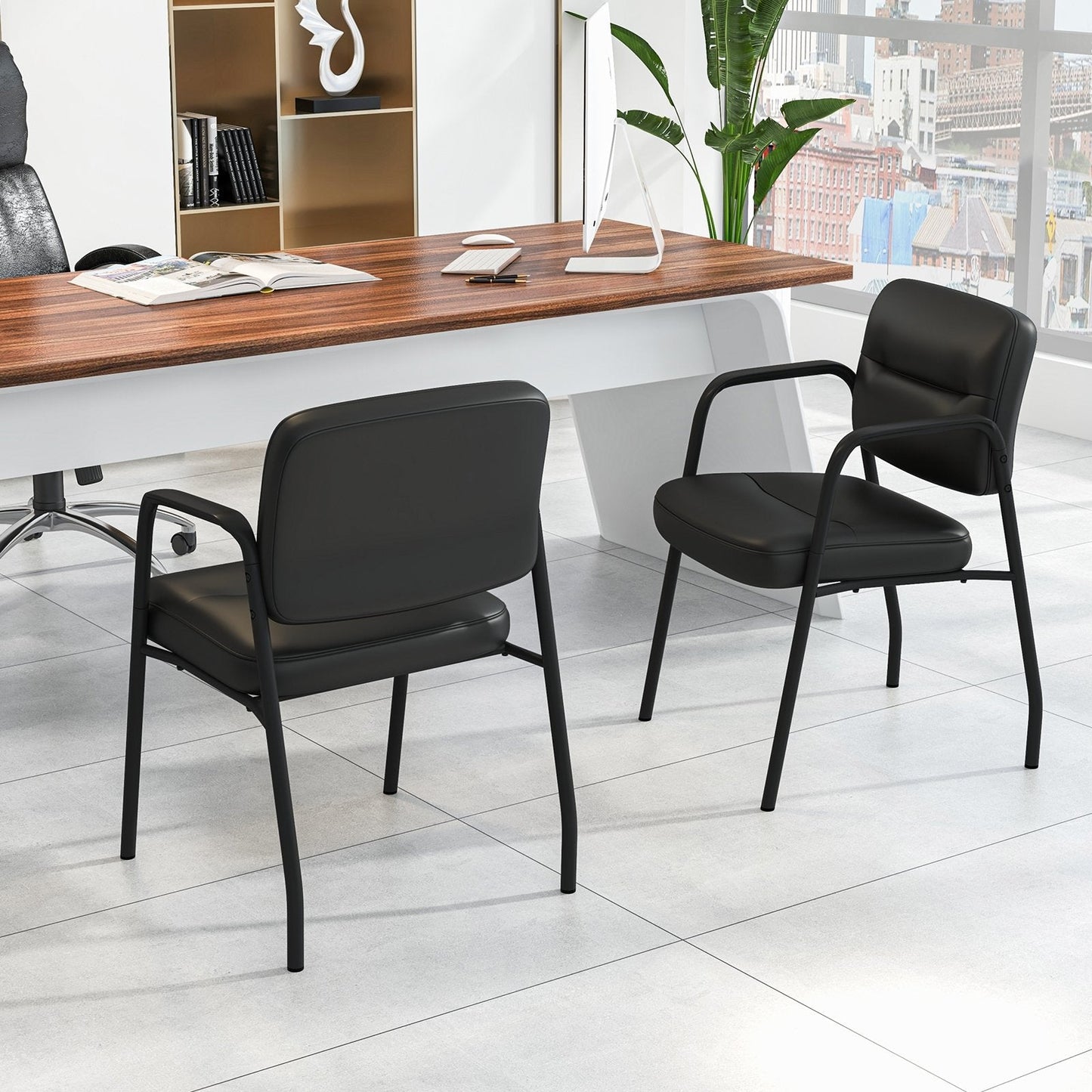 Set of 4,Waiting Room Guest Chair with Mixed PU Leather and Integrated Armrests-Black (Assembled)