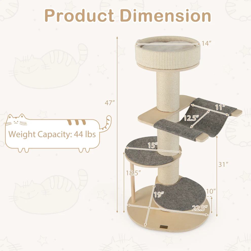 47 Inch Cat Tree for Indoor Cats with Thickened Sisal Scratching Posts-Grey, fully assembled
