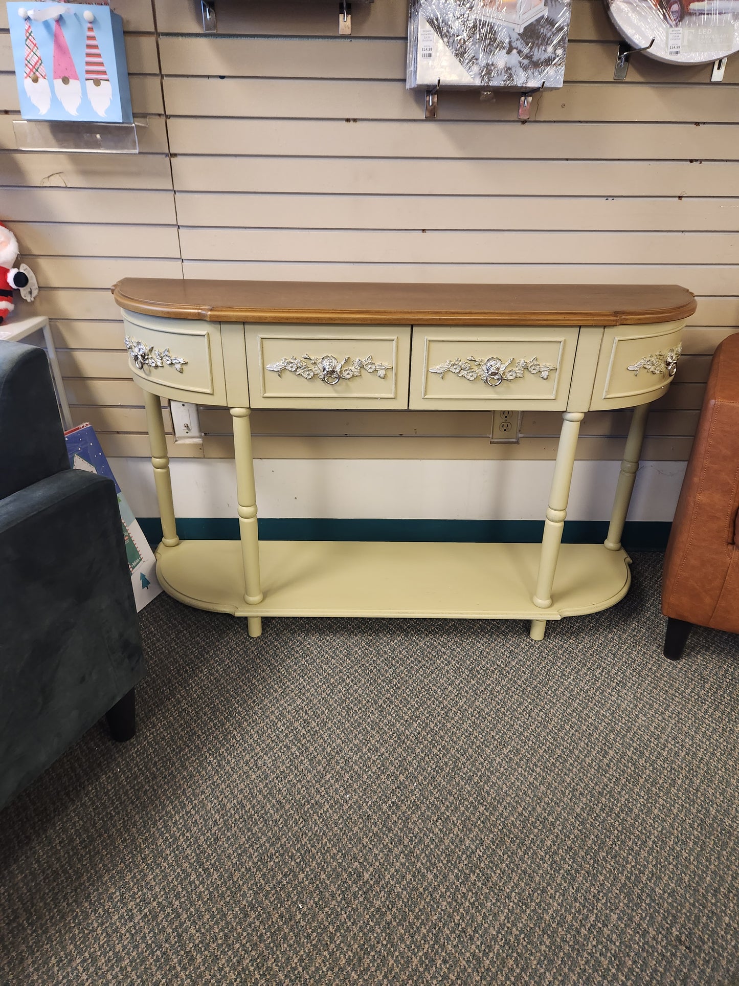 Retro Curved Console Table with Drawers and Solid Wood Legs-Olive (See instore Pictures)