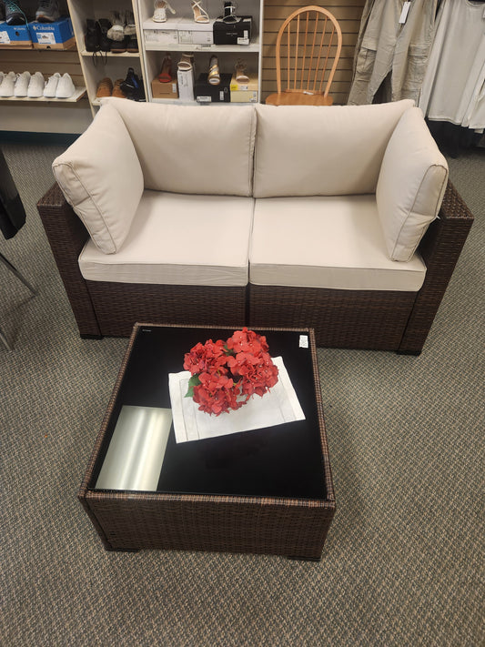 3 piece Rattan Wicker Couch, Coffee Table and Cover - Beige (Assembled)