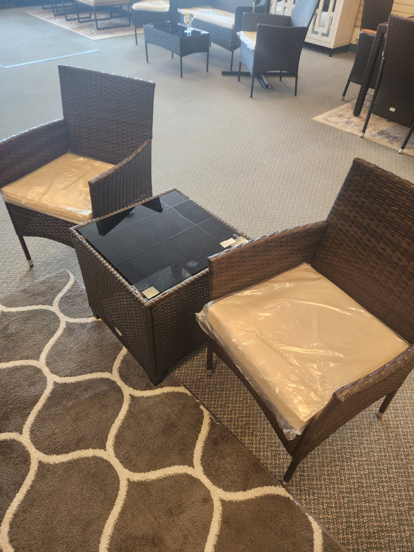 3Pcs Patio Rattan Furniture Set Cushioned Sofa and Glass Tabletop Deck-Beige (Assembled)