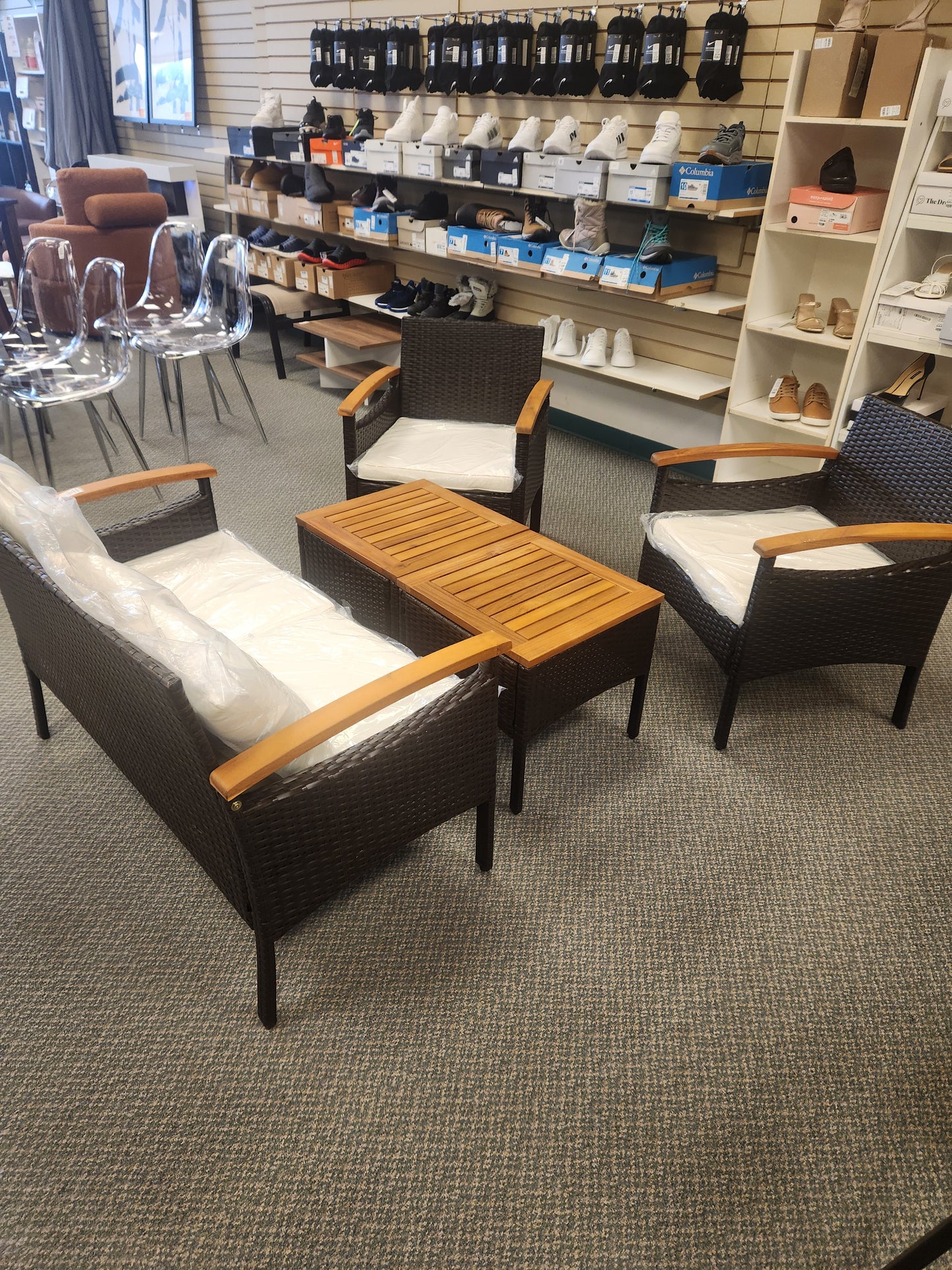 5 Piece Rattan Patio Sofa Set with Acacia Wood Tabletop and Armrests (Assembled) - See Notes