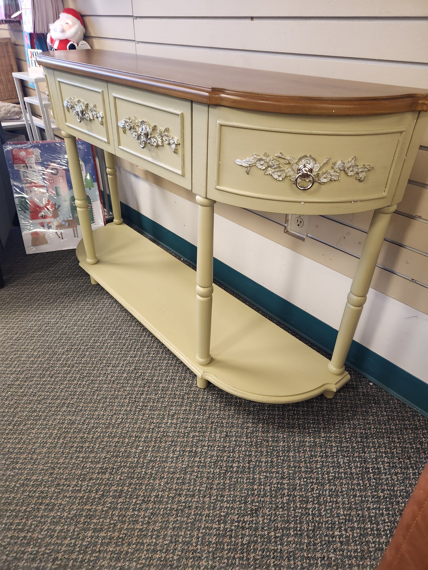 Retro Curved Console Table with Drawers and Solid Wood Legs-Olive (See instore Pictures)