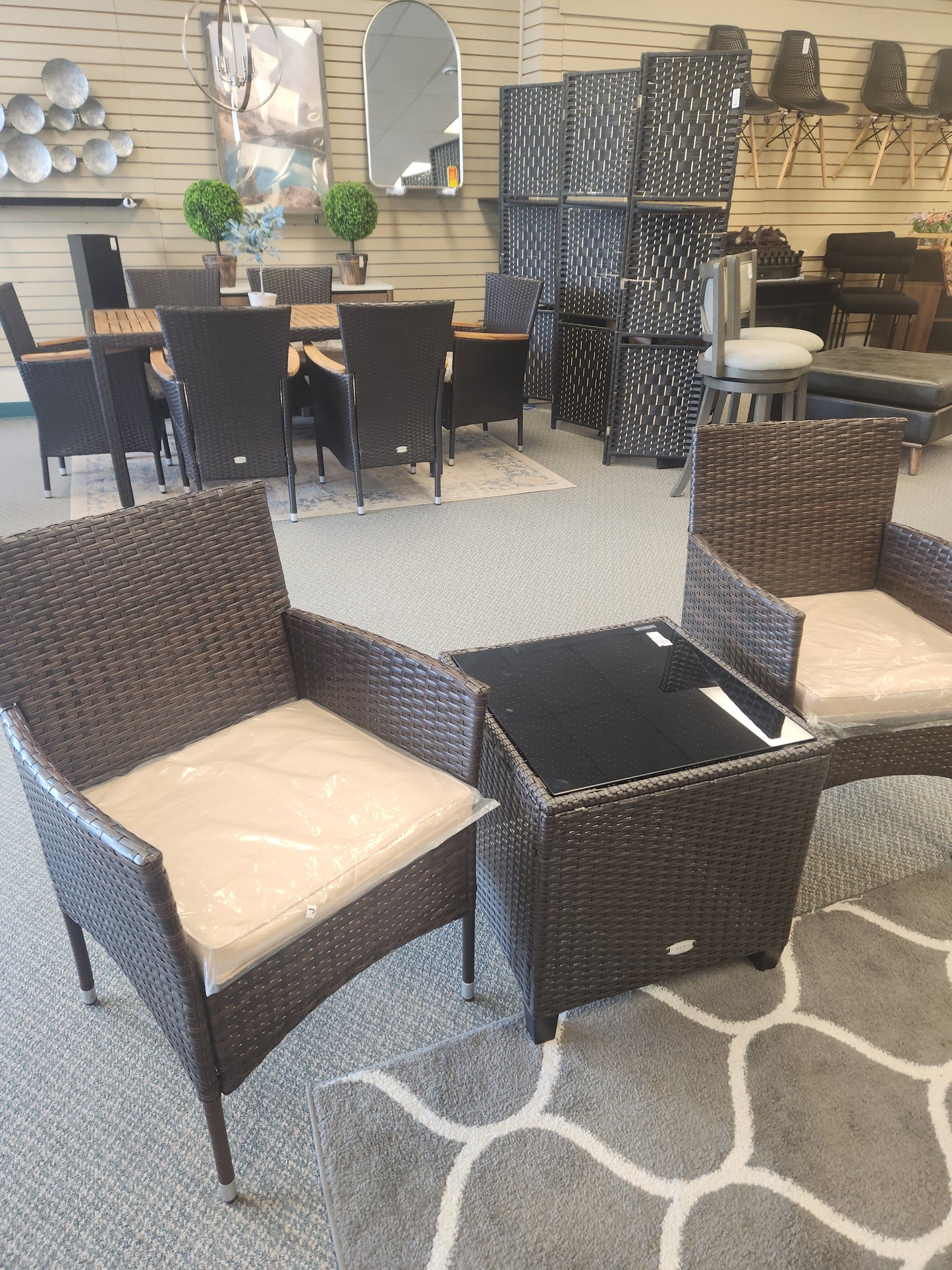 3Pcs Patio Rattan Furniture Set Cushioned Sofa and Glass Tabletop Deck-Beige (Assembled)