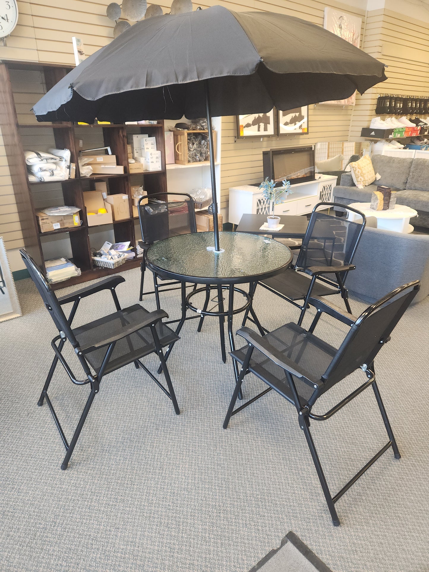 6 Pieces Patio Dining Set Folding Chairs Glass Table and Umbrella -Black (Scratch and Dent)