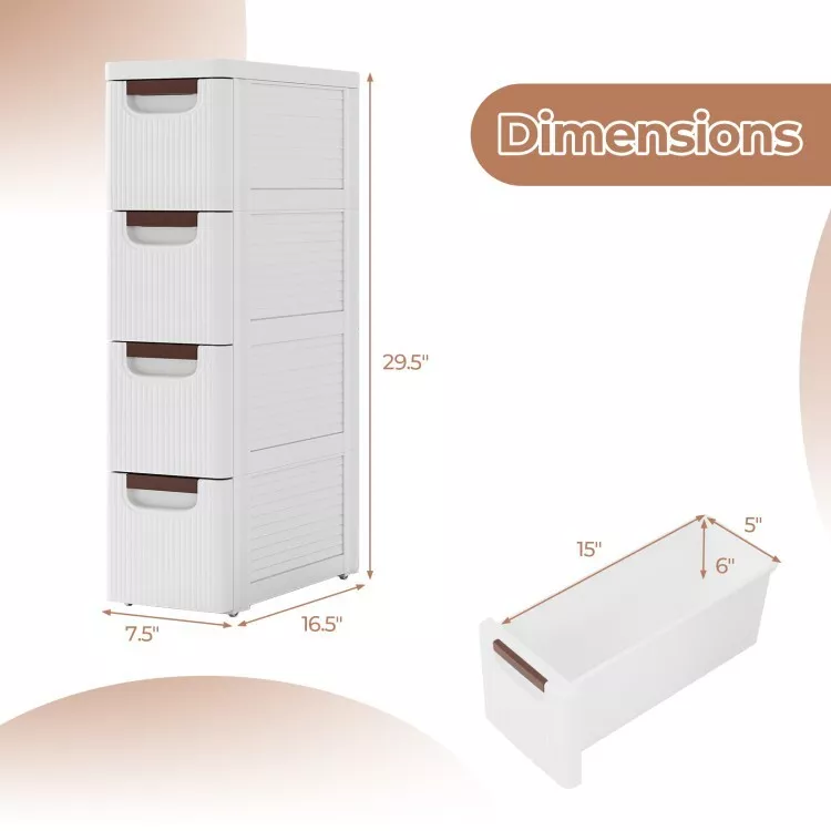 Chest of 4-Drawers Rolling Organizer Narrow Storage Cabinet With Built-In Wheels
