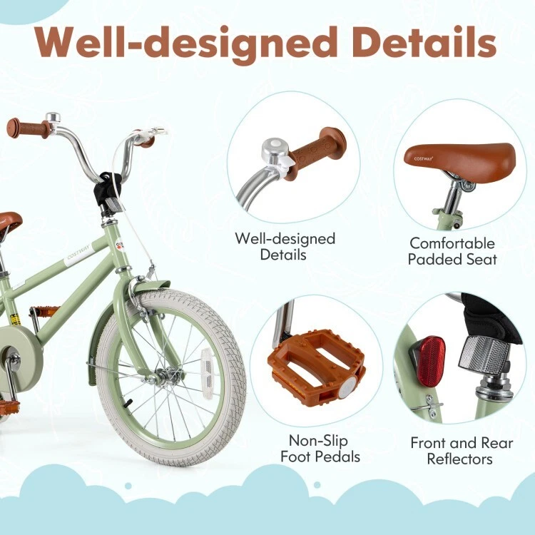 special customer return/tested, 16-Inch Kids Bike with Training Wheels and Adjustable Handlebar Seat-Green