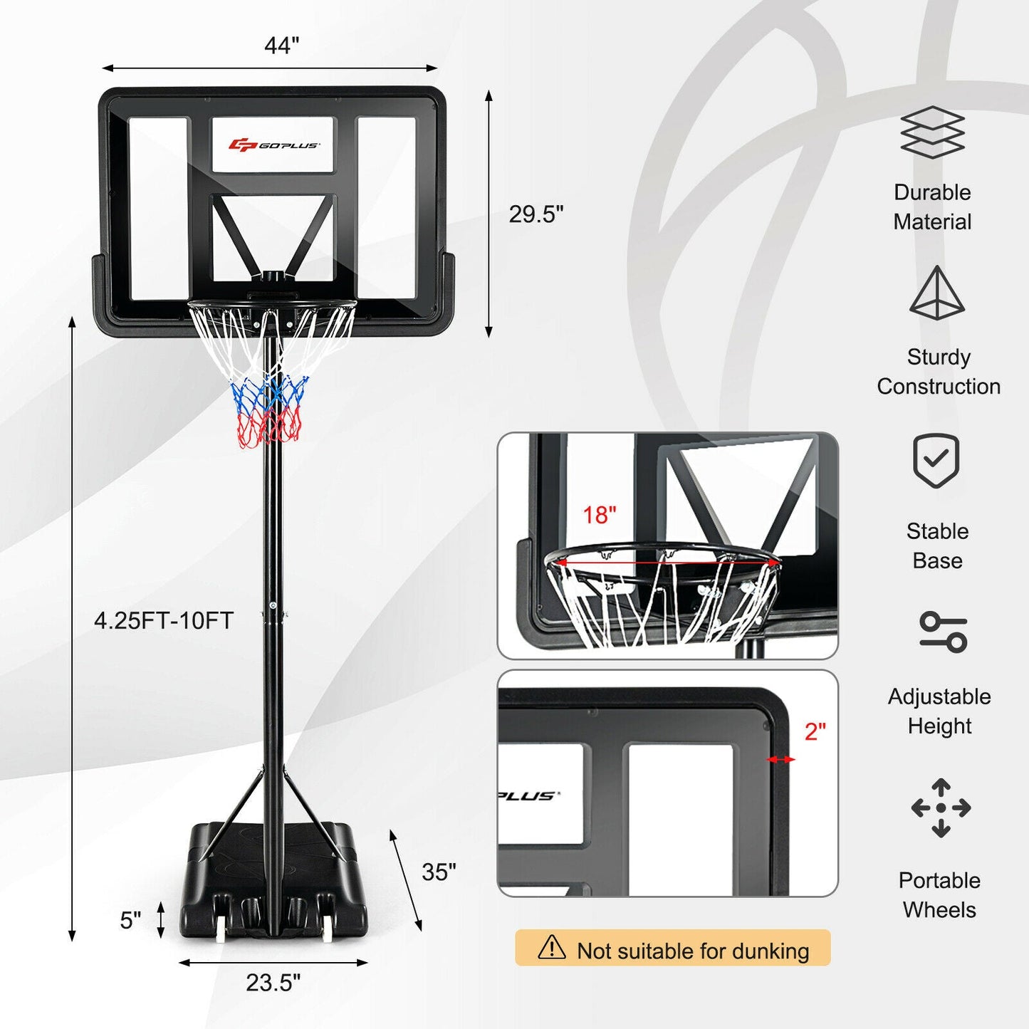 Adjustable Portable Basketball Hoop Stand with Shatterproof Backboard,  1 Box, unassembled