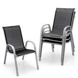 Metal Outdoor Dining Chairs Stackable Armrest Space Saving Garden in Grey (Set of 4)