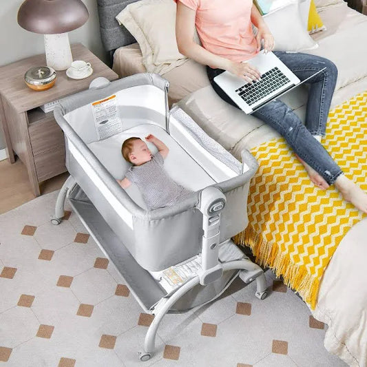 INFANS 3 in 1 Baby Bassinet, Folding Bedside Sleeper Crib with Mattress Pad, Height Angle Adjustable
