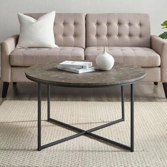 Walker Edison Cora Modern Round Faux Marble Top Coffee Table with X Base, fully assembled