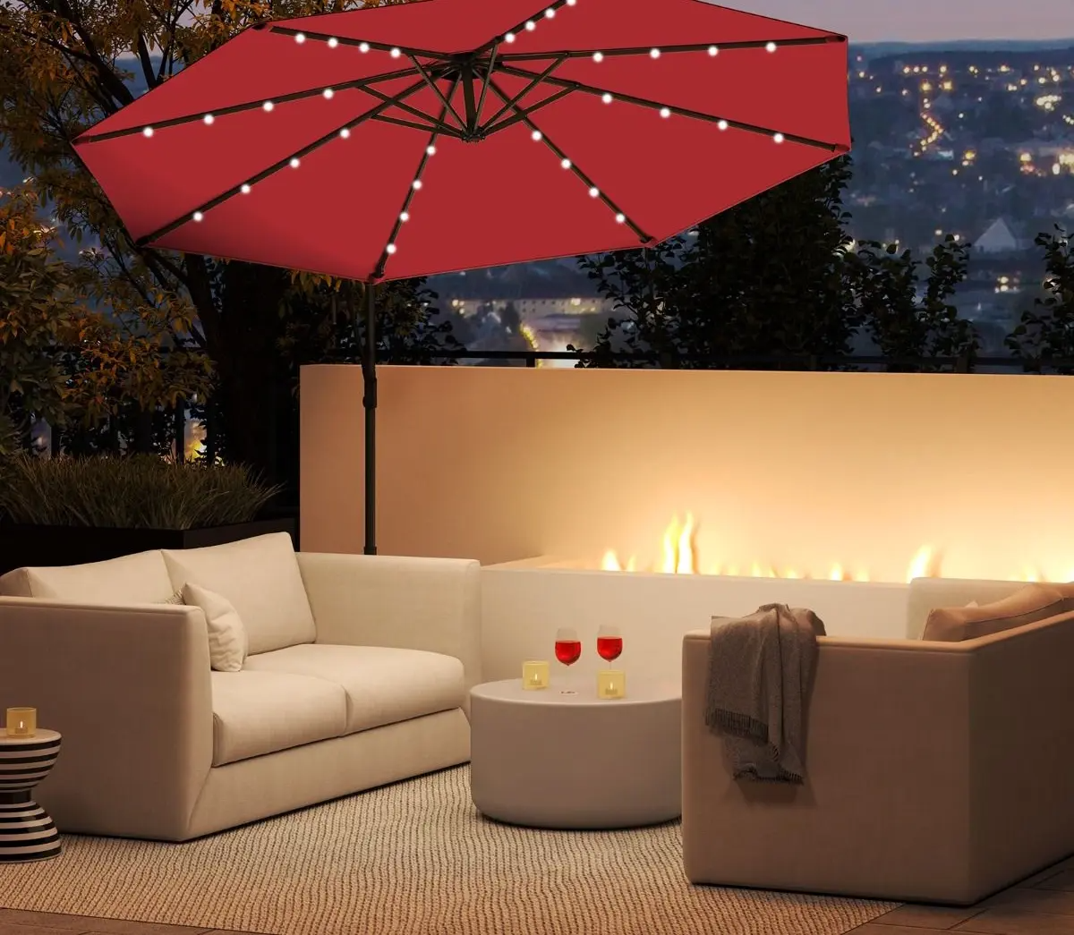 10 Feet Patio Offset Umbrella plus 40 Solar-Powered LED Lights-Wine in color, assembled