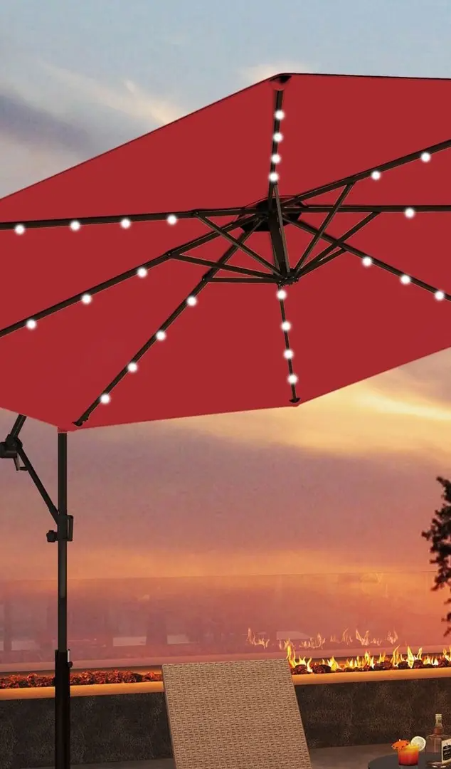 10 Feet Patio Offset Umbrella plus 40 Solar-Powered LED Lights-Wine in color, assembled