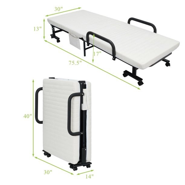 Folding Bed Adjustable Guest Single Bed Twin Mattress Portable - HW63963WH