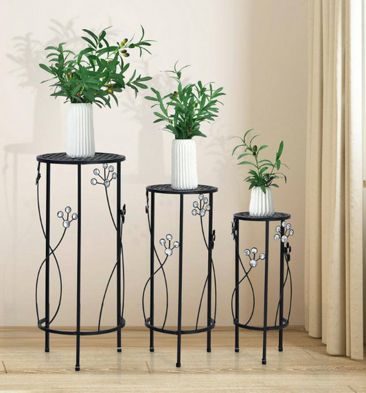 3-Pieces Indoor/Outdoor Black Steel Plant Stand Set - NP10276BK