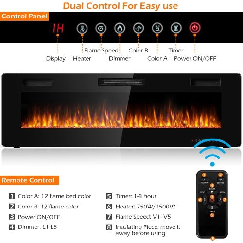 50'' Electric Fireplace Recessed Ultra Thin Wall Mounted Heater Multicolor Flame