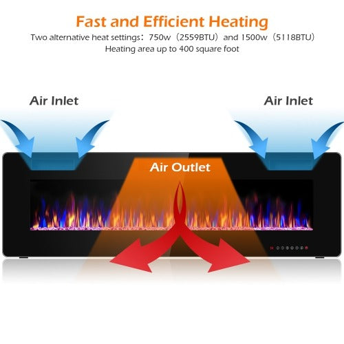 50'' Electric Fireplace Recessed Ultra Thin Wall Mounted Heater Multicolor Flame