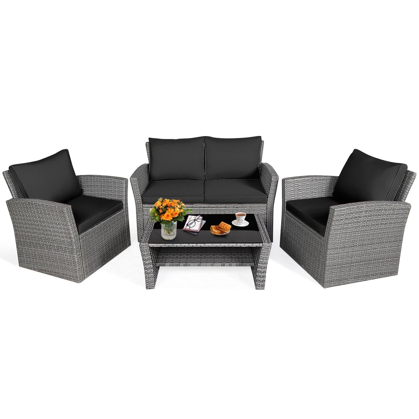 4 Pieces Patio Rattan Furniture Set Sofa Table with Storage Shelf Cushion *UNASSEMBLED, Reg $927.99/IN BOXES(2)* - HW67841ADK