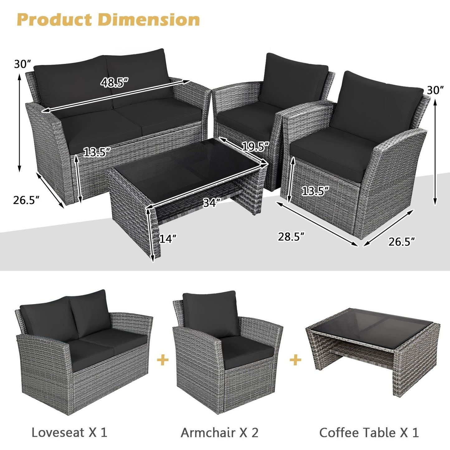 4 Pieces Patio Rattan Furniture Set Sofa Table with Storage Shelf Cushion *UNASSEMBLED, Reg $927.99/IN BOXES(2)* - HW67841ADK