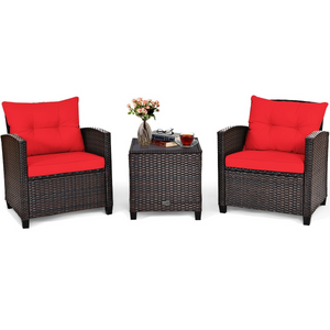 3 Pieces Wicker Set with Cushion, Red, assembled, minor damage not visible with cushions on