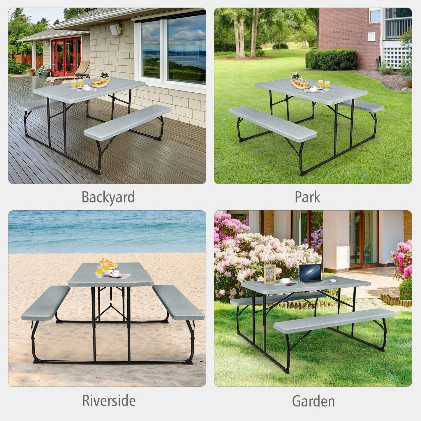 Indoor and Outdoor Folding Picnic Table Bench Set with Wood-like Texture, 1 box unassembled