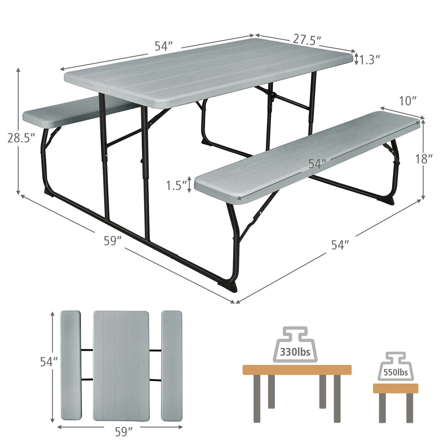 Indoor and Outdoor Folding Picnic Table Bench Set with Wood-like Texture, 1 box unassembled