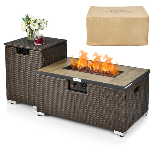 Propane Rattan Fire Pit Table Set with Side Table Tank and Cover, unassembled in box