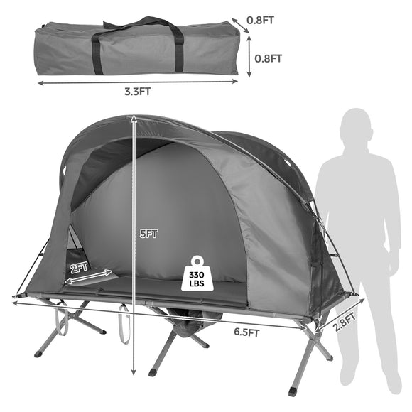 1-Person Cot Elevated Compact Tent Set with External Cover, grey