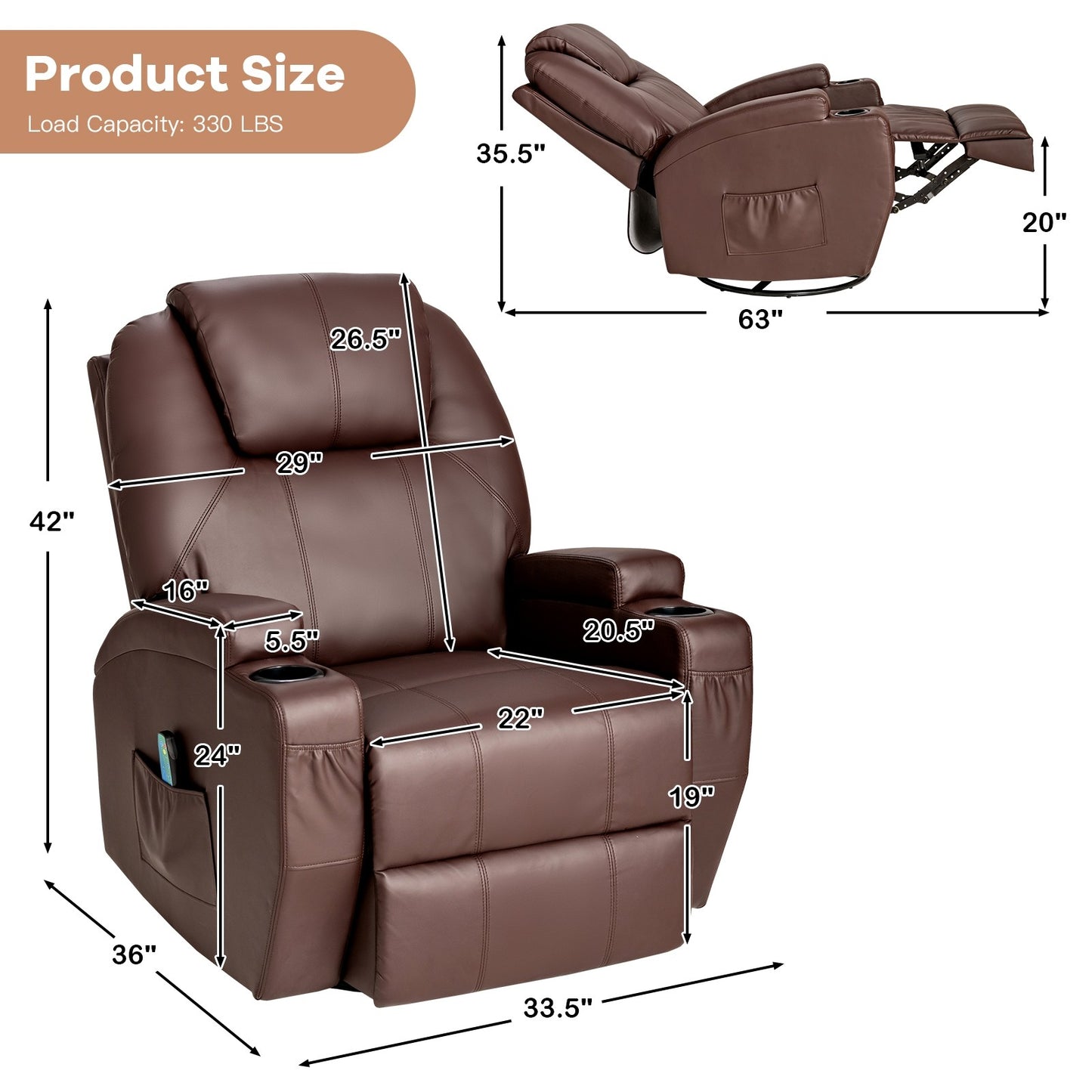 Massage Recliner Chair with Heat &  Vibration Massage, dark brown