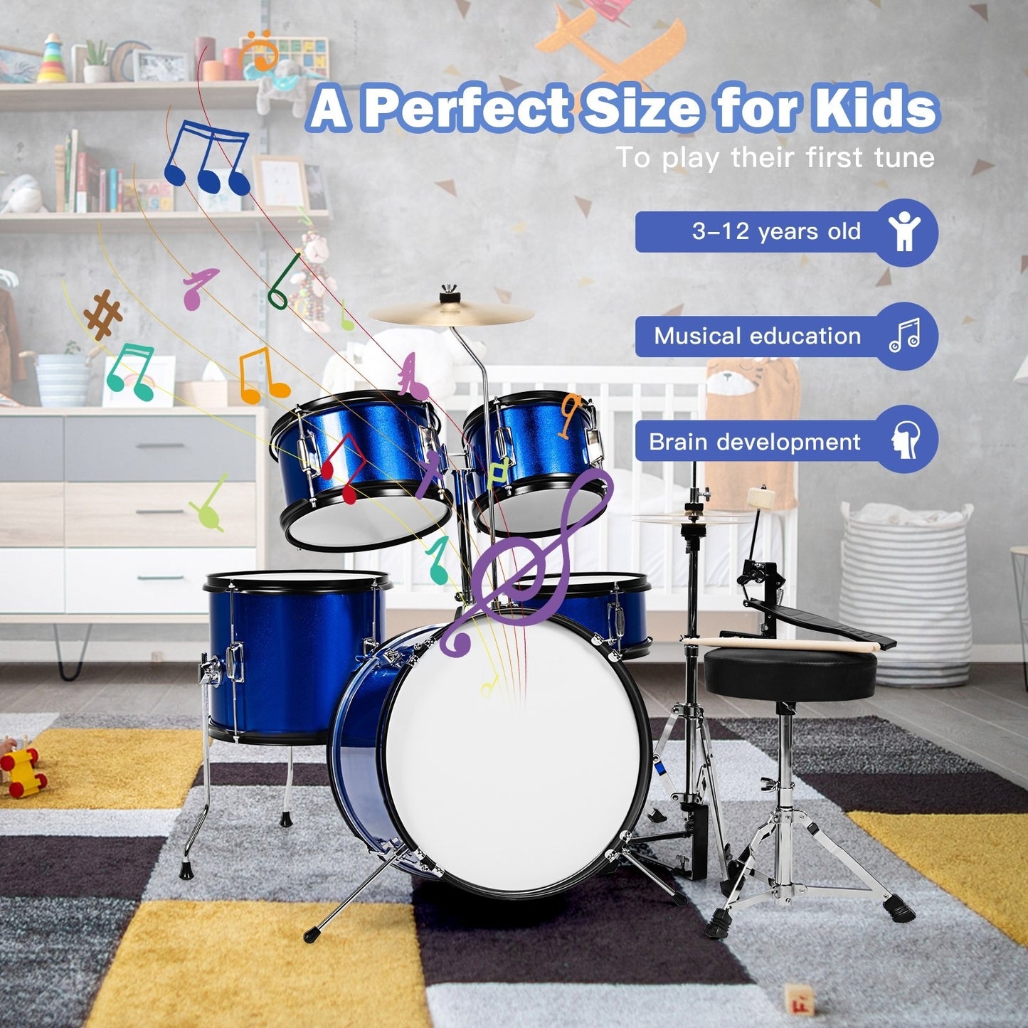 5 Pieces Complete Kids Junior Drum Set *UNASSEMBLED/IN BOX*