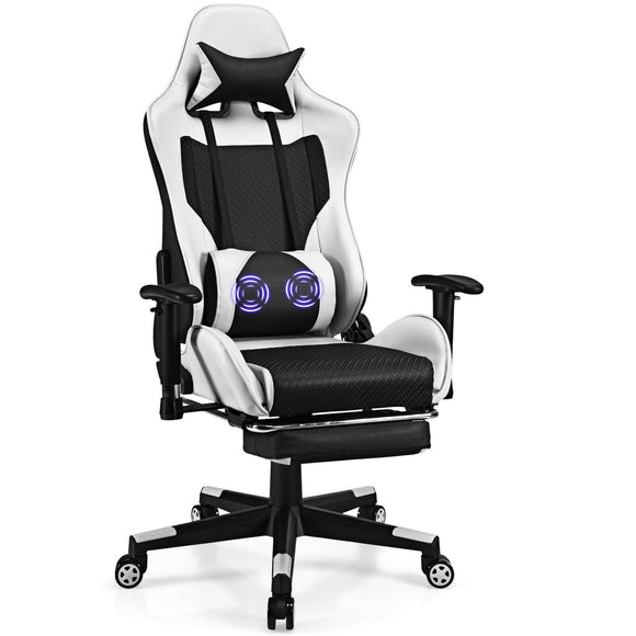 PU Leather Gaming Chair with USB Massage Lumbar Pillow and Footrest, assembled