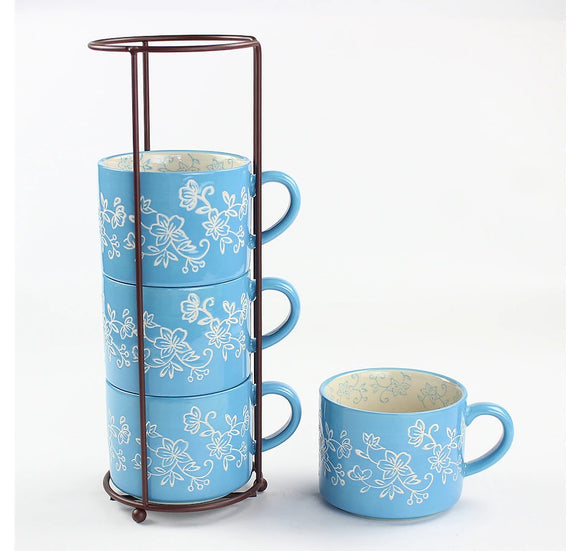 Temp-Tations Stackable Mugs (Set of 4) - FLORAL LACE LIGHT BLUE