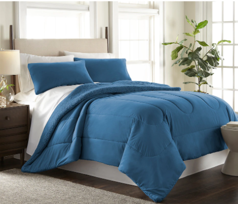 HomeSuite Micro Flannel Reverse Dyed to Match Sherpa Comforter 3-Piece Set - KING - SMOKEY MT BLUE