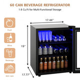 60 Can Beverage Mini Refrigerator with Glass Door, blue led interiot lights