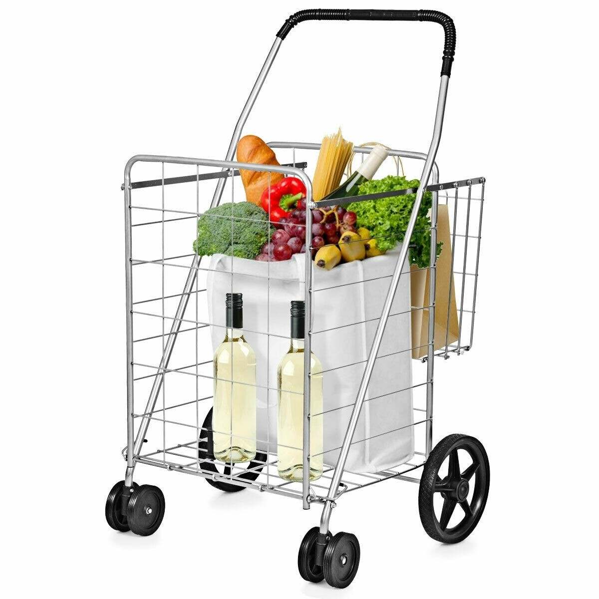 Folding Shopping Cart with Swiveling Wheels and Dual Storage Baskets