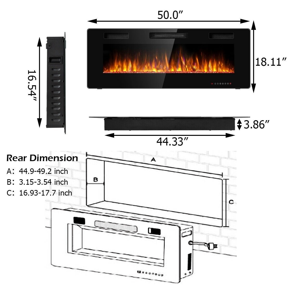 50'' Electric Fireplace Recessed Ultra Thin Wall Mounted Heater Multicolor Flame