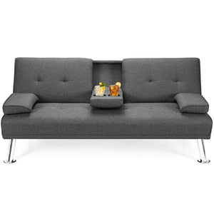 Convertible Folding Futon Sofa Bed Fabric with 2 Cup Holders