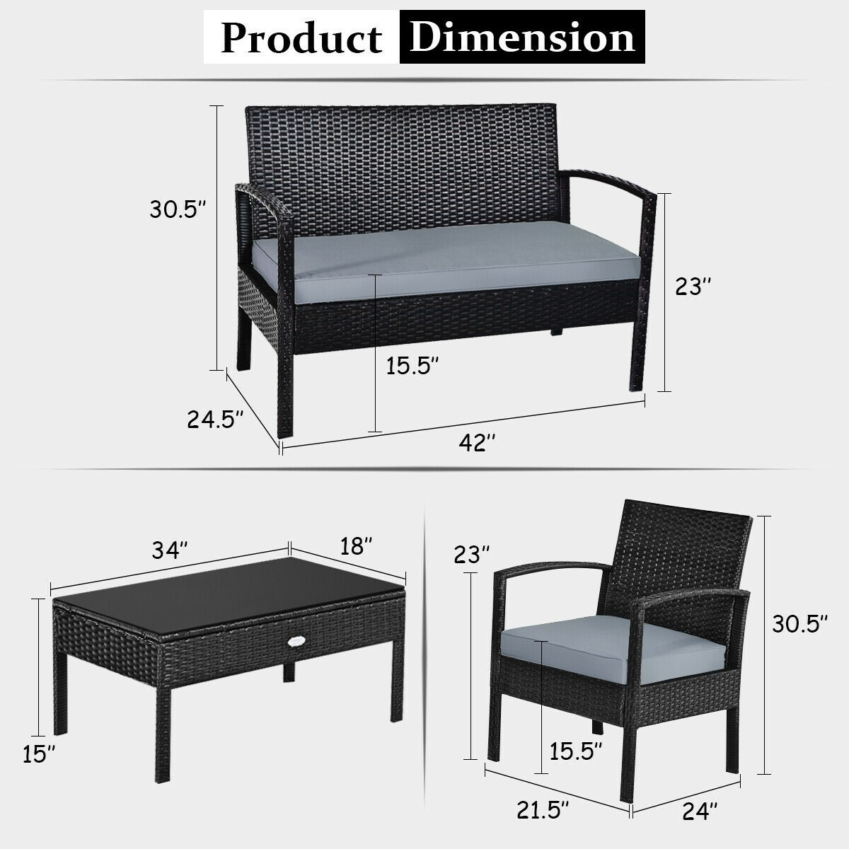 4 Pieces Patio Rattan, Loveseat and Table, In Box Unassembled, Grey Cushions *UNASSEMBLED/IN BOX* - HW63755