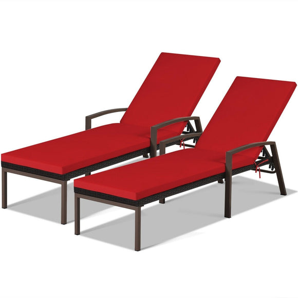 2 Pieces Patio Rattan Adjustable Back Lounge Chair with Armrest and Removable Cushions