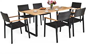 DORTALA 7 Pieces Patio Dining Set, Outdoor PE Rattan Dining Furniture Set . 2 Boxes Unassembled