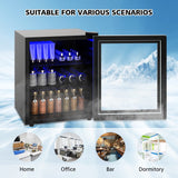 60 Can Beverage Mini Refrigerator with Glass Door, blue led interiot lights