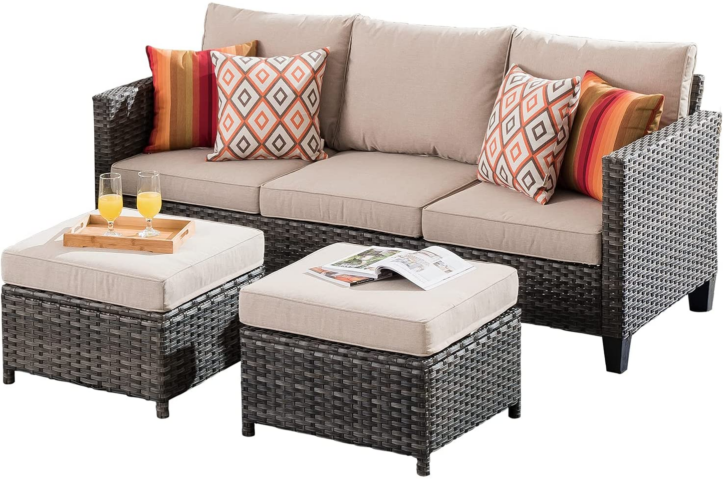 3 Piece Sofa Set, 1 sofa, 2 ottomans, Fully Assembled, 2 orange cushions included