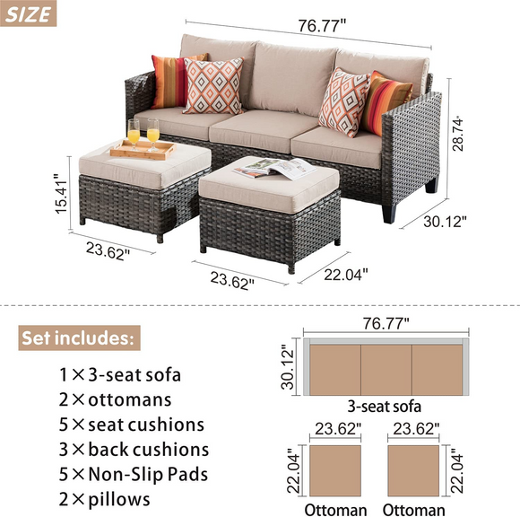 3 Piece Sofa Set, 1 sofa, 2 ottomans, Fully Assembled, 2 orange cushions included