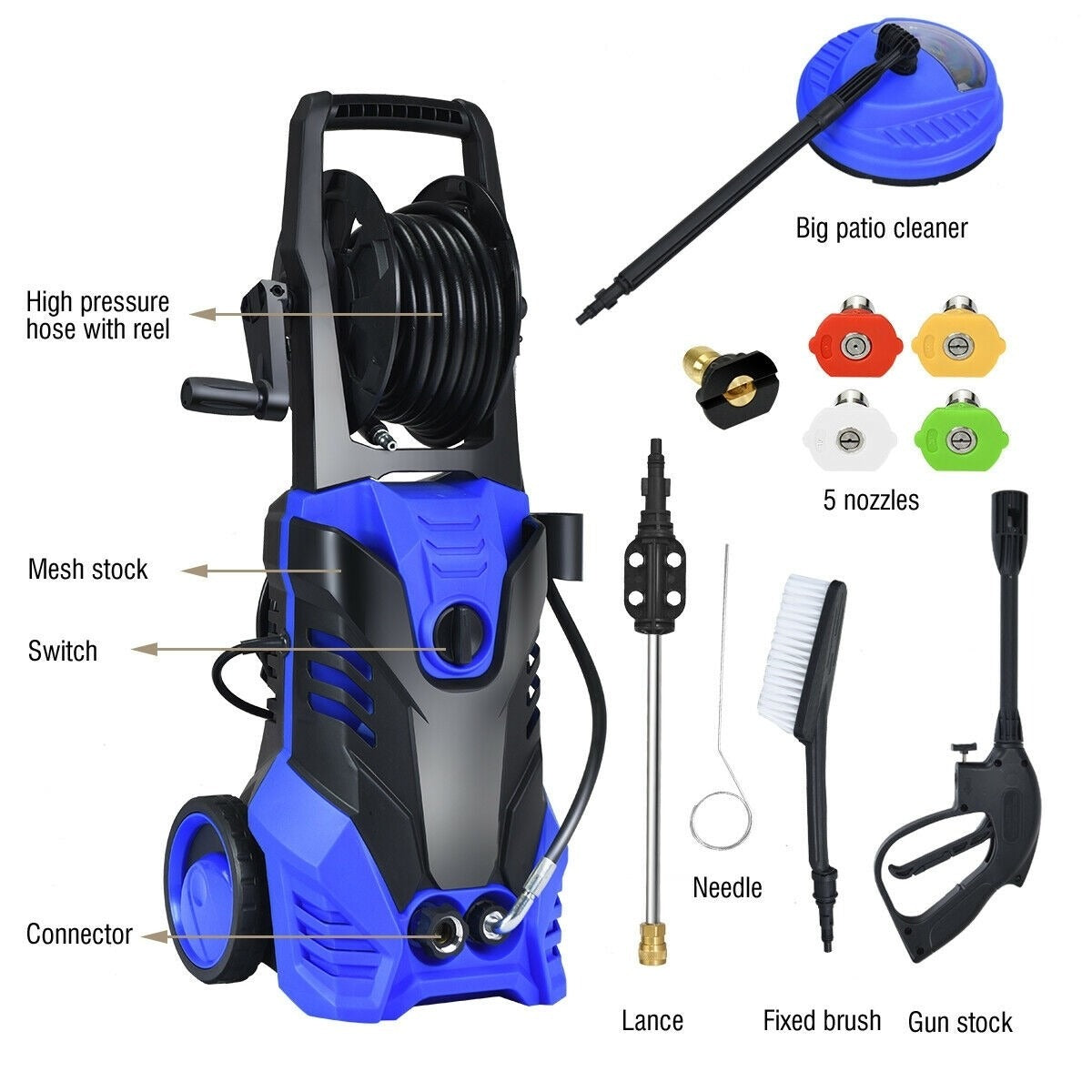 3000PSI Electric  High Power Washer, 4 nozzles, missing deck cleaner, brush, black nozzle, TESTED