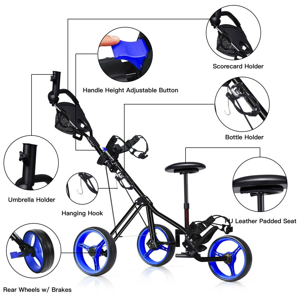 Foldable 3 Wheels Push Pull Golf Trolley with Scoreboard Bag, In box unassembled