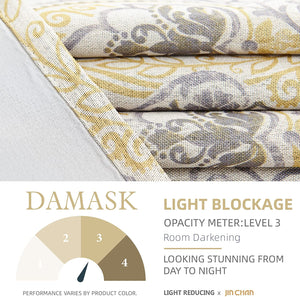 Damask Printed Curtains, Grommet, 2 Panels, gold on beige