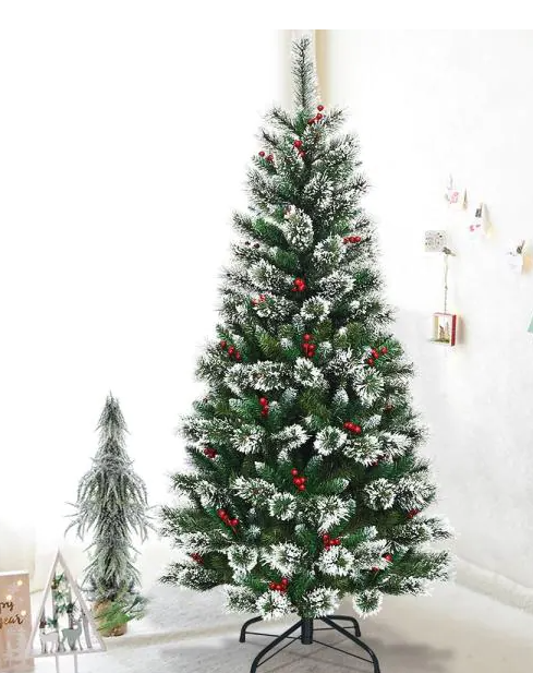 6 ft.  Snow Flocked Artificial Christmas Hinged Tree w/ Pine Needles & Red Berries *UNLIT*