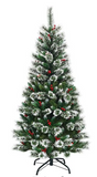 6 ft.  Snow Flocked Artificial Christmas Hinged Tree w/ Pine Needles & Red Berries *UNLIT*