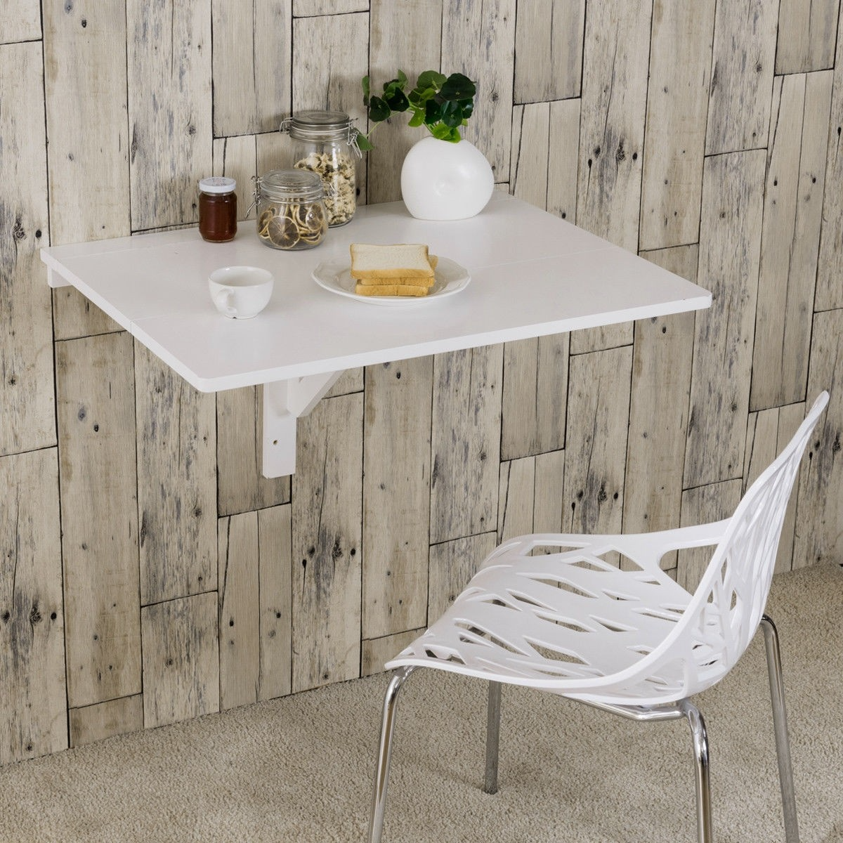 Wall-Mounted Drop-Leaf Table Folding Kitchen Dining Table Desk, white, fully assembled
